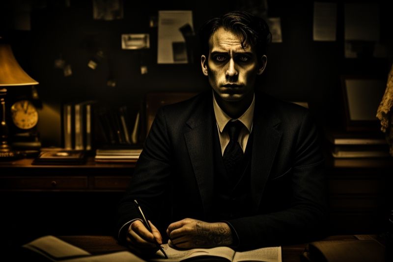 Espeluznante hombre en una oficina lúgubre escribiendo en su libreta las consecuencias de la falta de preparación en su profesión